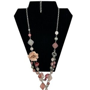 Beaded‎ Statement Necklace Pink Flower Accent Long Chain Fashion Jewelry